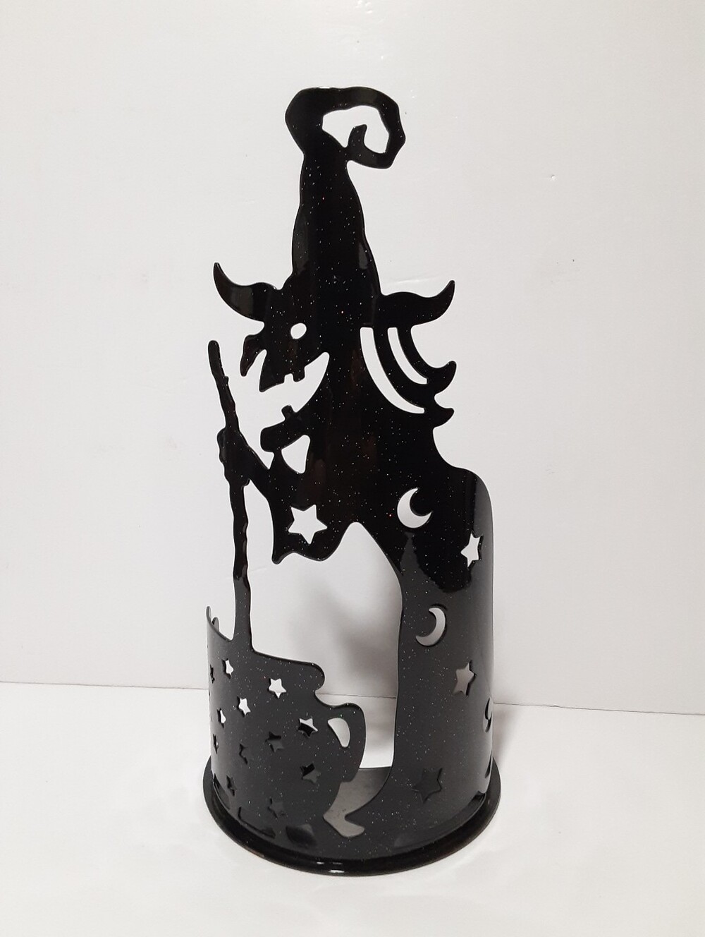 PartyLite Wilemina Witch & Cauldron Tealight Holder Halloween Black Glitter